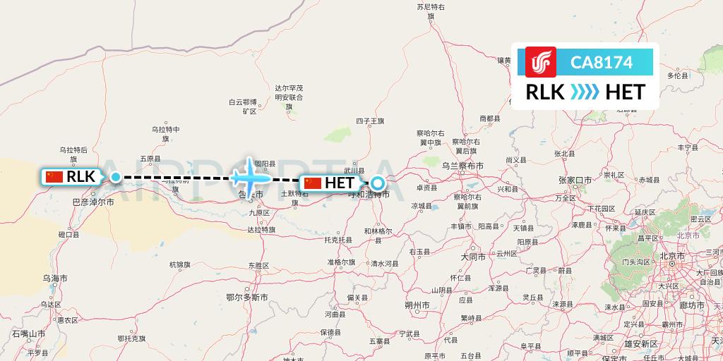 CA8174 Air China Flight Map: Bayannur to Hohhot