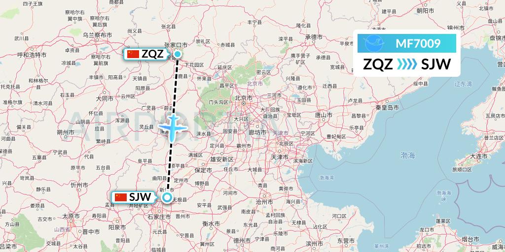 MF7009 Xiamen Airlines Flight Map: Zhangjiakou to Shijiazhuang