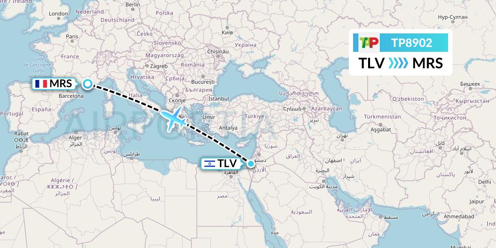TP8902 TAP Portugal Flight Map: Tel Aviv to Marseille