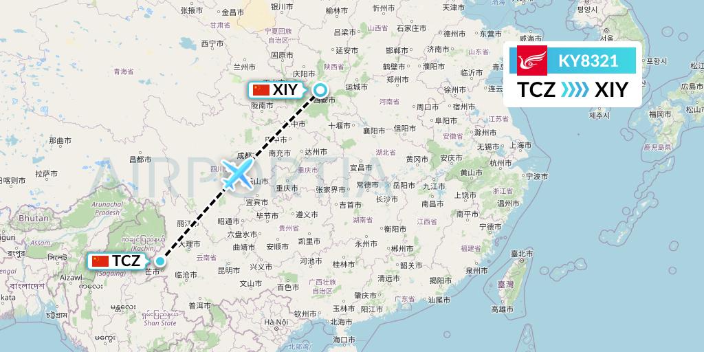 KY8321 Kunming Airlines Flight Map: Tengchong to Xi'an