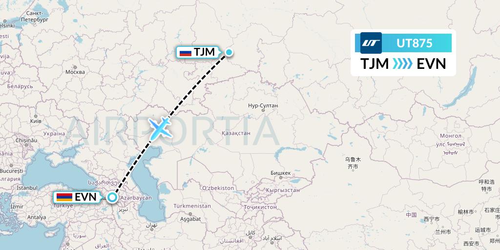 UT875 UTair Flight Map: Tyumen to Yerevan