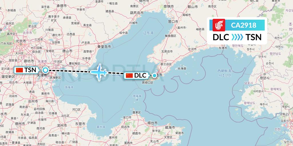 CA2918 Air China Flight Map: Dalian to Tianjin