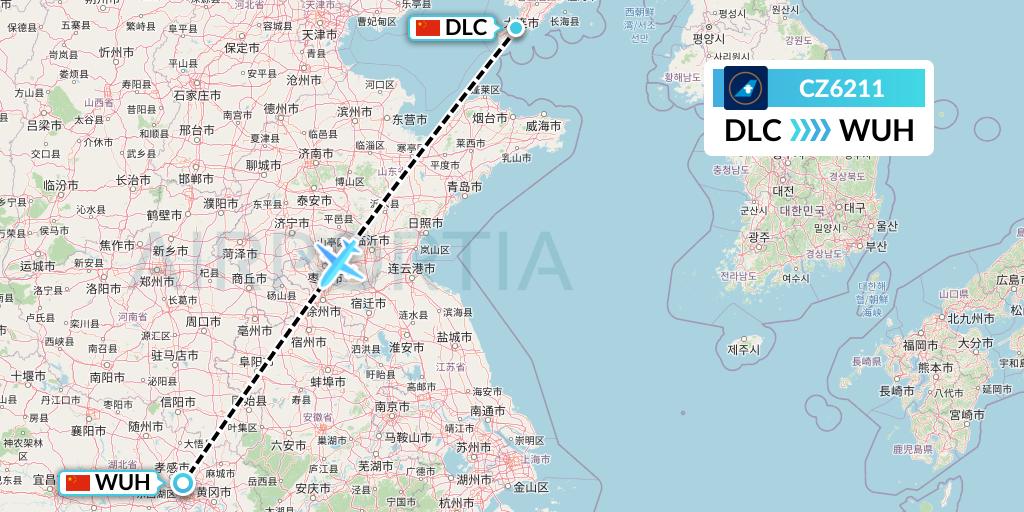 CZ6211 China Southern Airlines Flight Map: Dalian to Wuhan