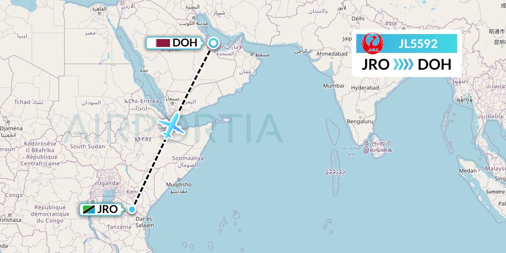 JL5592 Japan Airlines Flight Map: Kilimanjaro to Doha