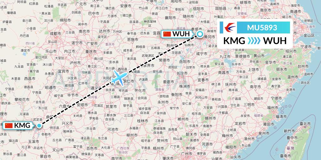 MU5893 China Eastern Airlines Flight Map: Kunming to Wuhan