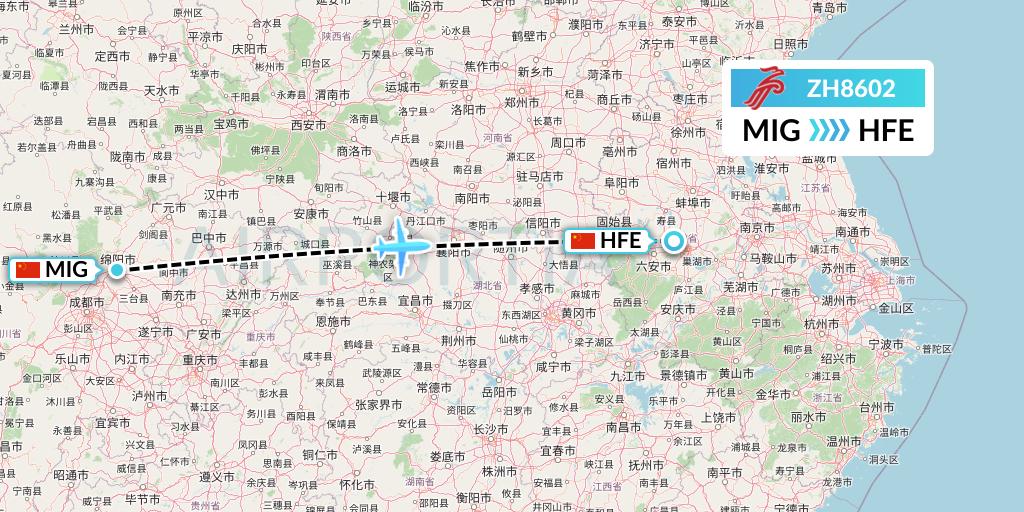 ZH8602 Shenzhen Airlines Flight Map: Mianyang to Hefei