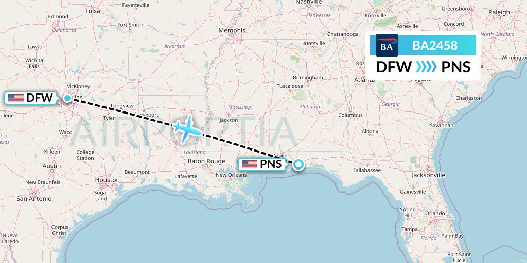 BA2458 British Airways Flight Map: Dallas to Pensacola