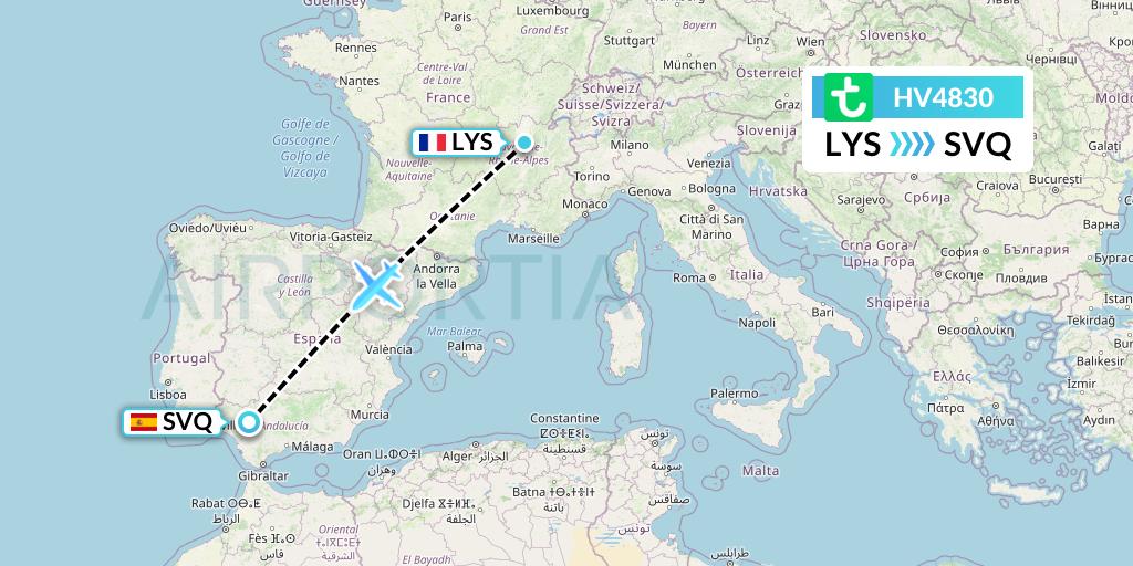 HV4830 Transavia Flight Map: Lyon to Seville