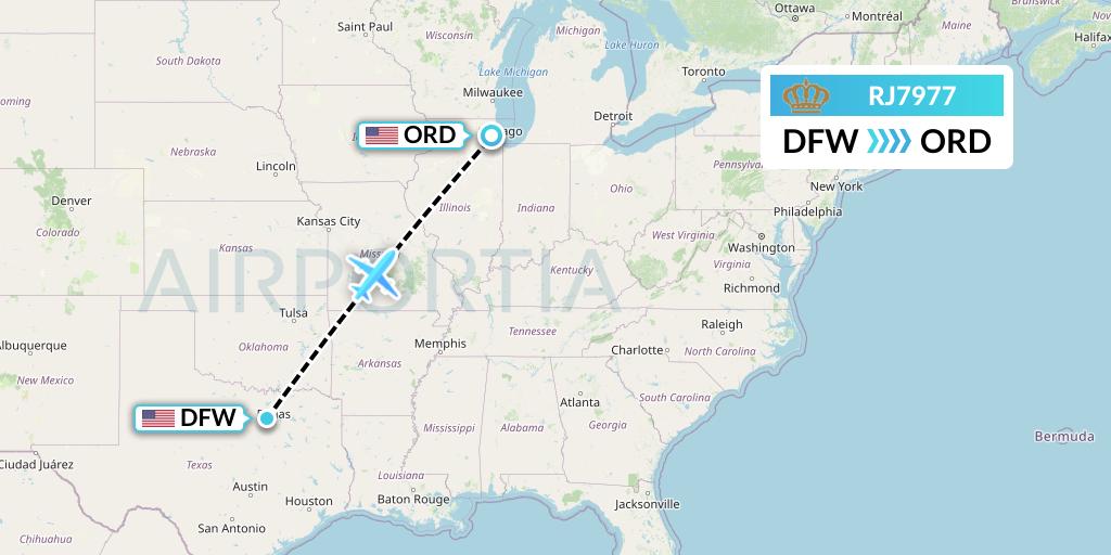 RJ7977 Royal Jordanian Flight Map: Dallas to Chicago