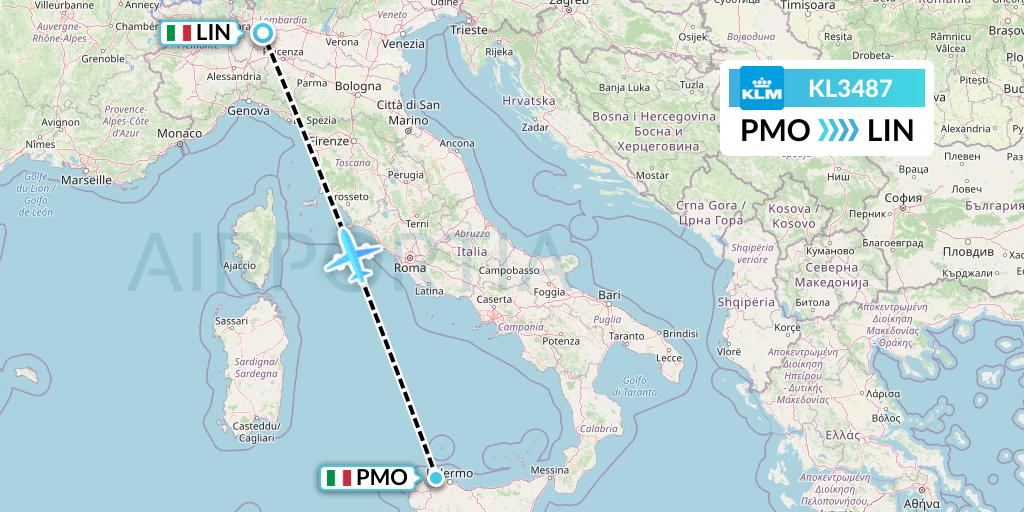 KL3487 KLM Flight Map: Palermo to Milan