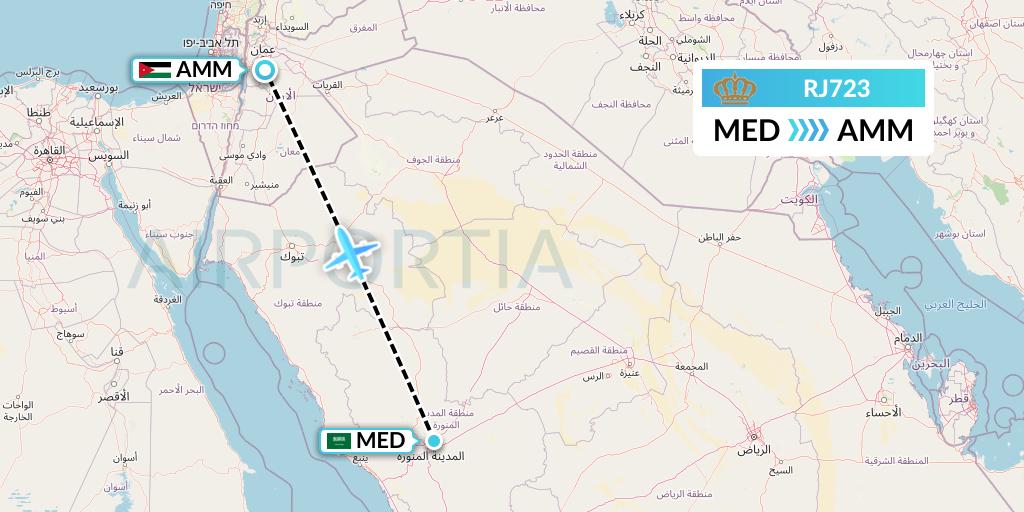 RJ723 Royal Jordanian Flight Map: Medina to Amman