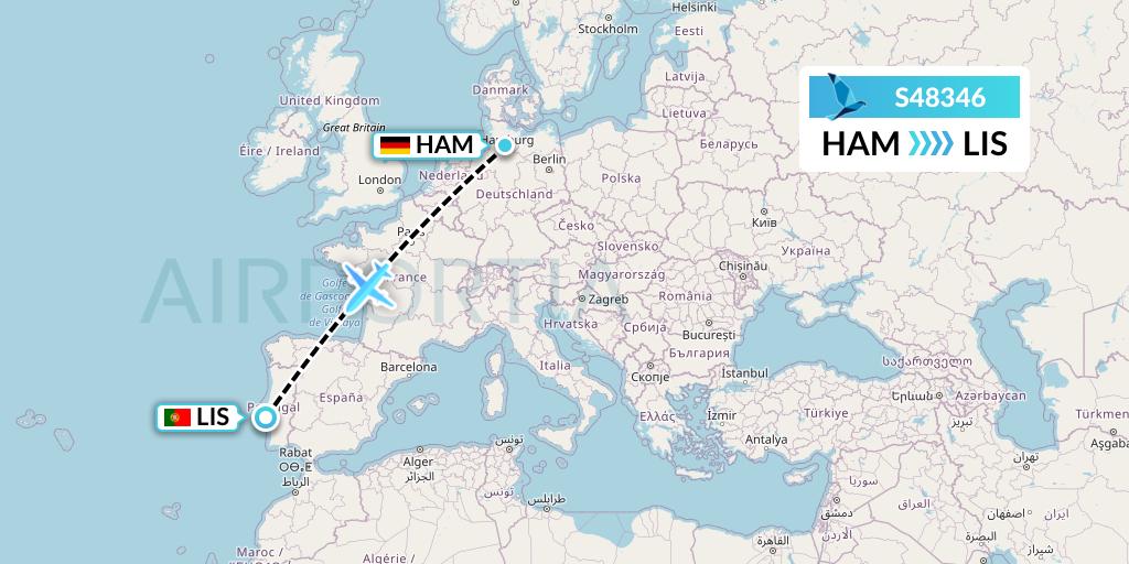 S48346 Azores Airlines Flight Map: Hamburg to Lisbon