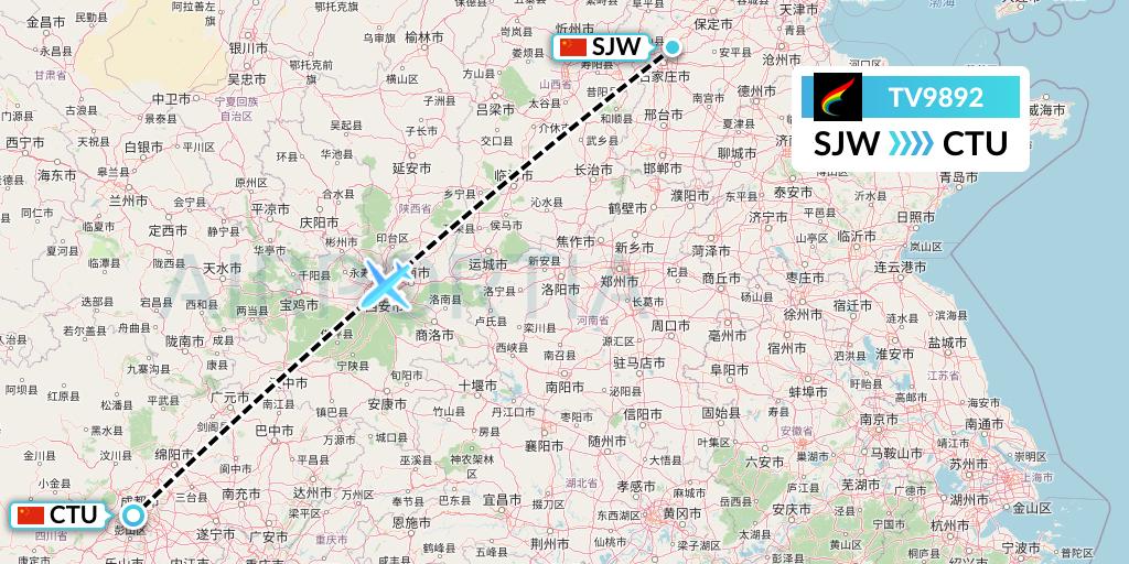 TV9892 Tibet Airlines Flight Map: Shijiazhuang to Chengdu