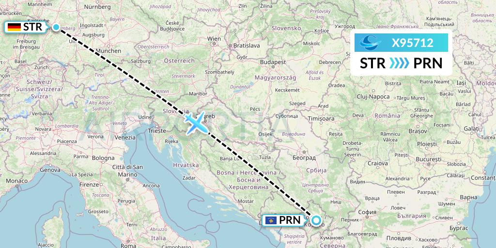 X95712 Avion Express Flight Map: Stuttgart to Pristina