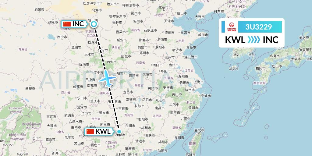 3U3229 Sichuan Airlines Flight Map: Guilin to Yinchuan