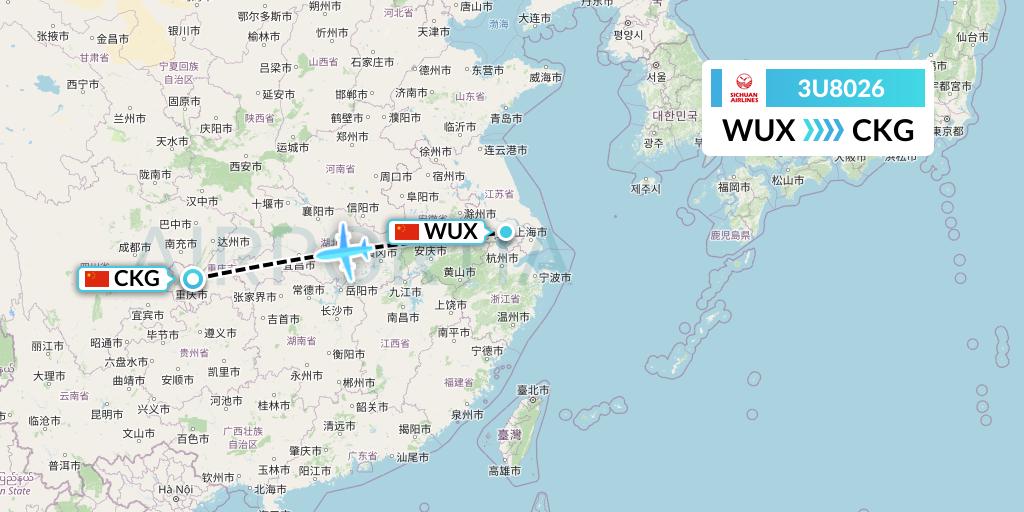 3U8026 Sichuan Airlines Flight Map: Wuxi to Chongqing