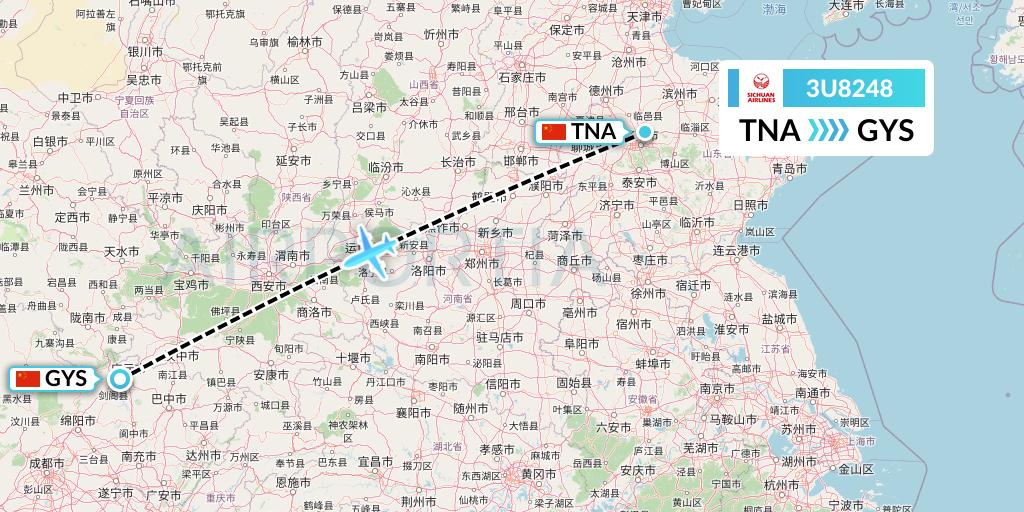 3U8248 Sichuan Airlines Flight Map: Jinan to Guangyuan