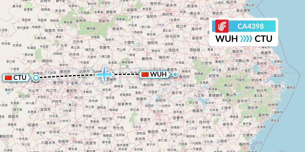 CA4398 Air China Flight Map: Wuhan to Chengdu