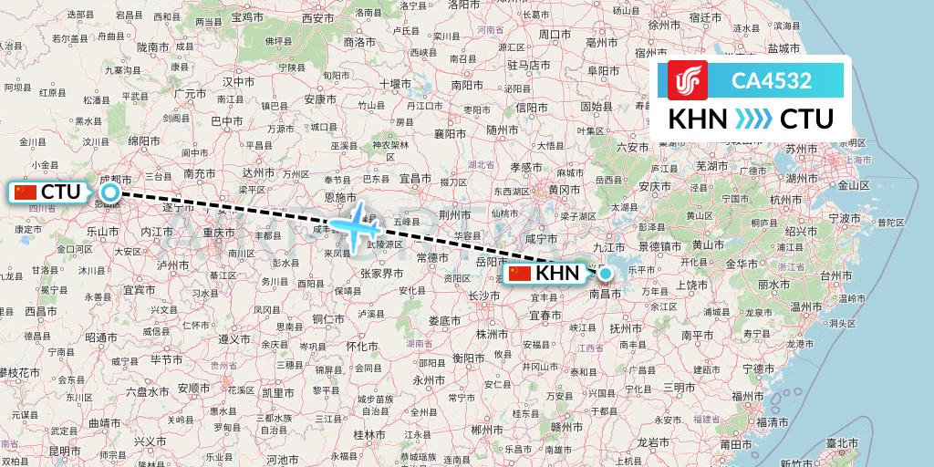CA4532 Air China Flight Map: Nanchang to Chengdu