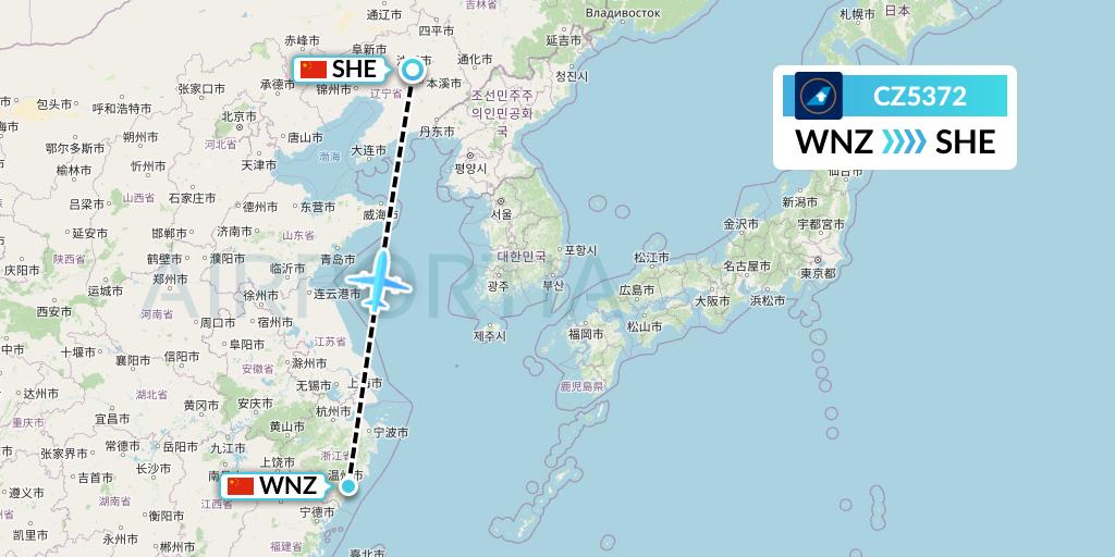 CZ5372 China Southern Airlines Flight Map: Wenzhou to Shenyang