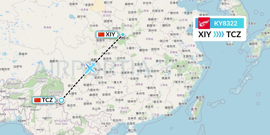 KY8322 Kunming Airlines Flight Map: Xi'an to Tengchong