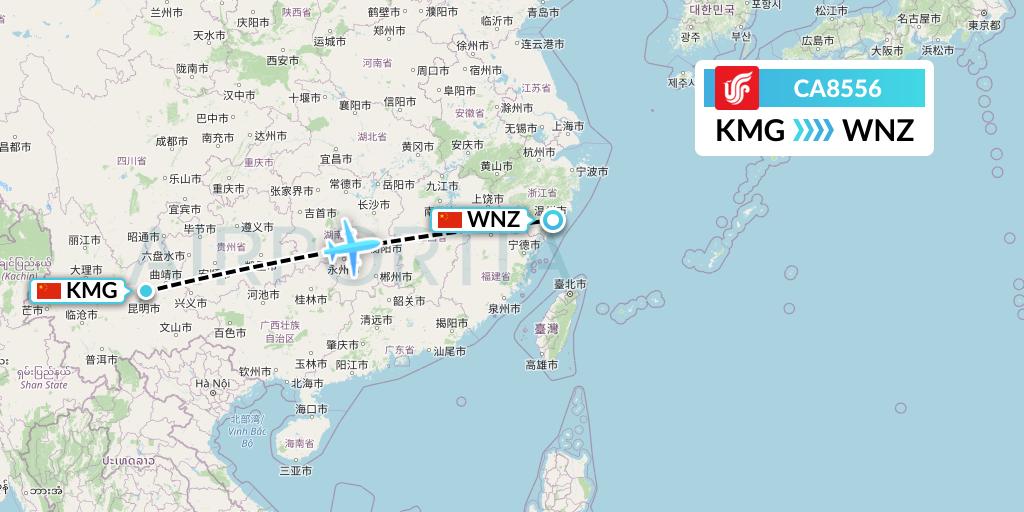 CA8556 Air China Flight Map: Kunming to Wenzhou