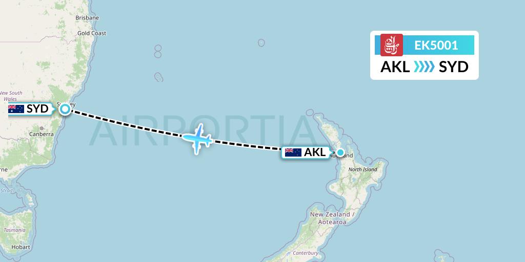 EK5001 Emirates Flight Map: Auckland to Sydney