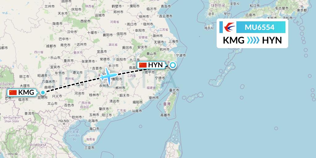 MU6554 China Eastern Airlines Flight Map: Kunming to Huangyan