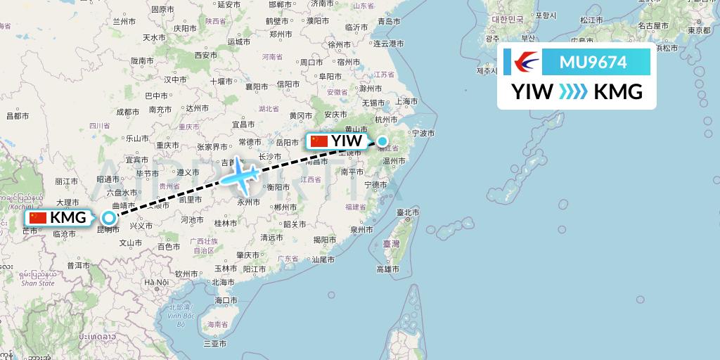 MU9674 China Eastern Airlines Flight Map: Yiwu to Kunming