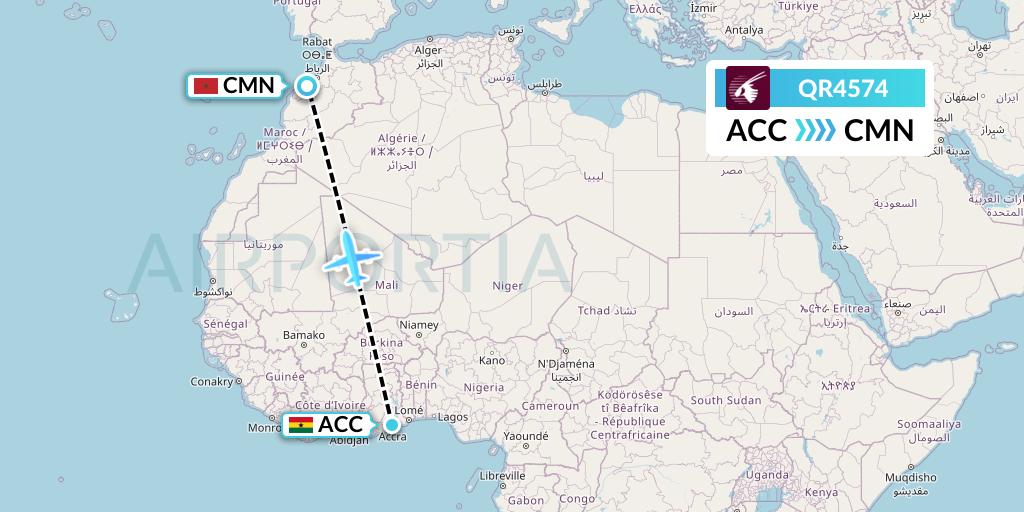 QR4574 Qatar Airways Flight Map: Accra to Casablanca