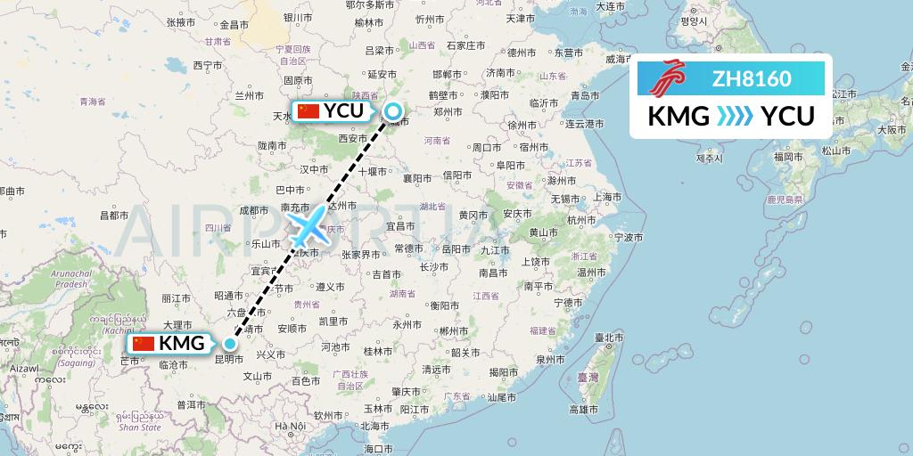 ZH8160 Shenzhen Airlines Flight Map: Kunming to Yuncheng