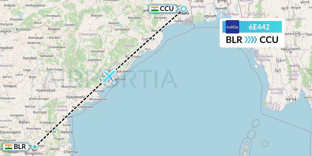6E442 IndiGo Airlines Flight Map: Bangalore to Kolkata