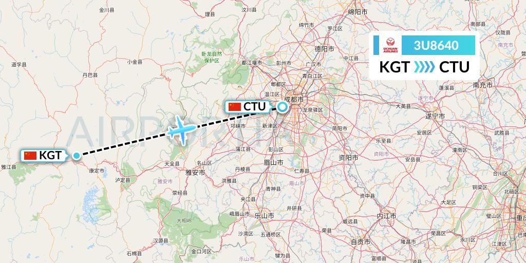 3U8640 Sichuan Airlines Flight Map: Kangding to Chengdu