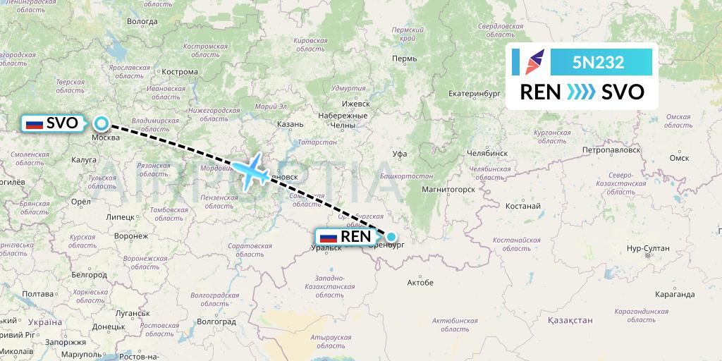 5N232 Nordavia Flight Map: Orenburg to Moscow