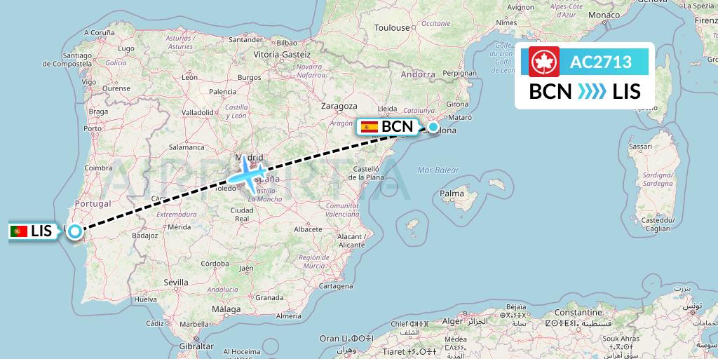 AC2713 Air Canada Flight Map: Barcelona to Lisbon