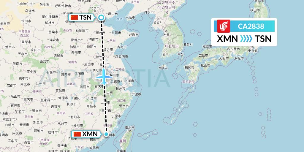 CA2838 Air China Flight Map: Xiamen to Tianjin