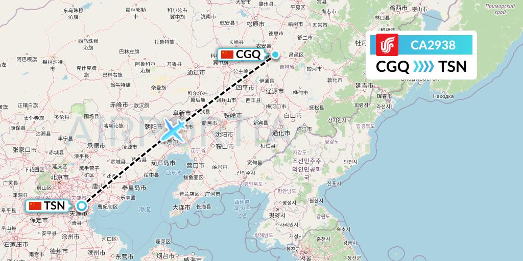 CA2938 Air China Flight Map: Changchun to Tianjin