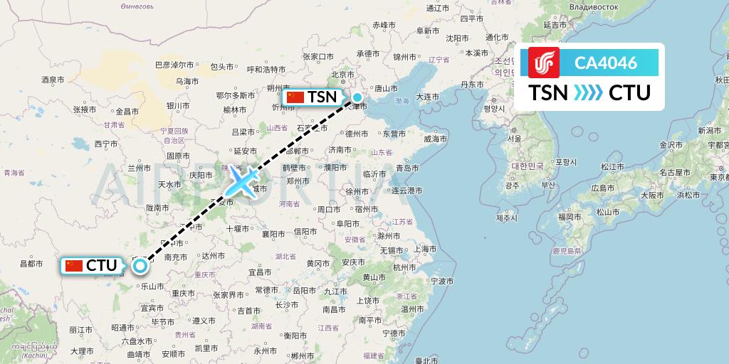 CA4046 Air China Flight Map: Tianjin to Chengdu