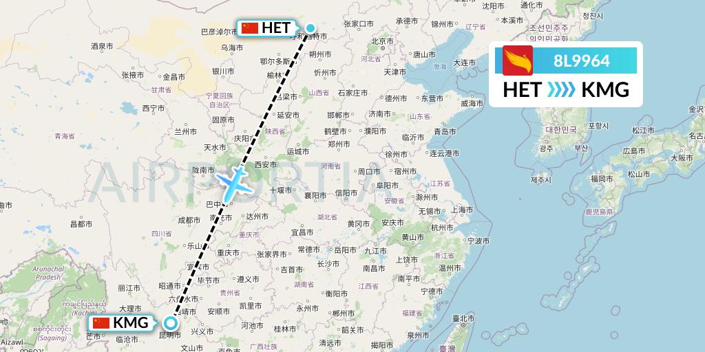 8L9964 Lucky Air Flight Map: Hohhot to Kunming