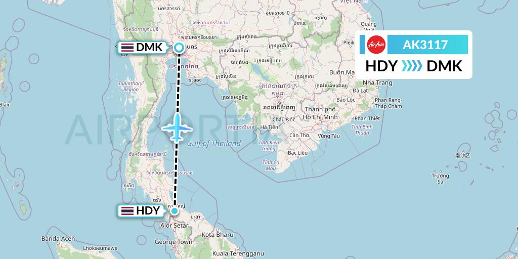 AK3117 AirAsia Flight Map: Hat Yai to Bangkok