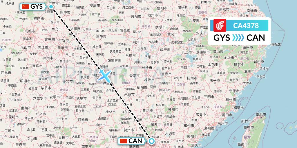 CA4378 Air China Flight Map: Guangyuan to Guangzhou