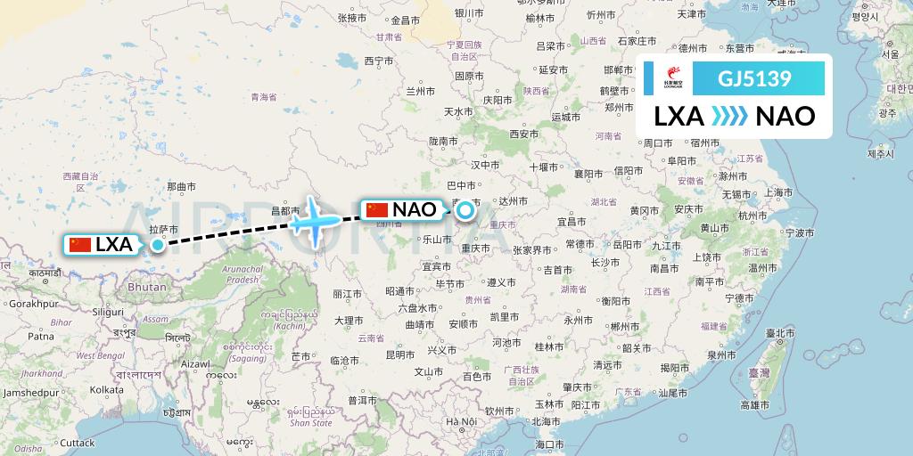 GJ5139 Loong Airlines Flight Map: Lhasa to Nanchong