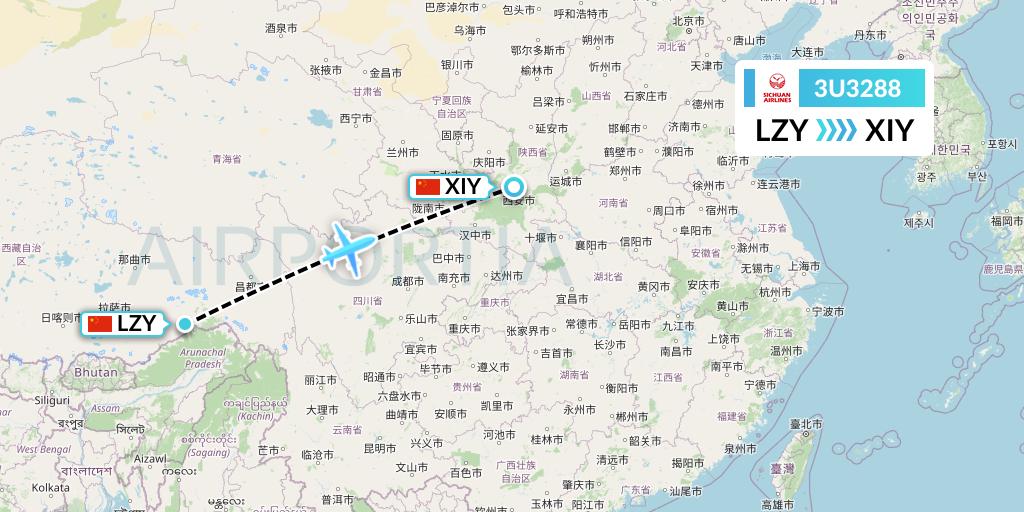 3U3288 Sichuan Airlines Flight Map: Nyingchi to Xi'an