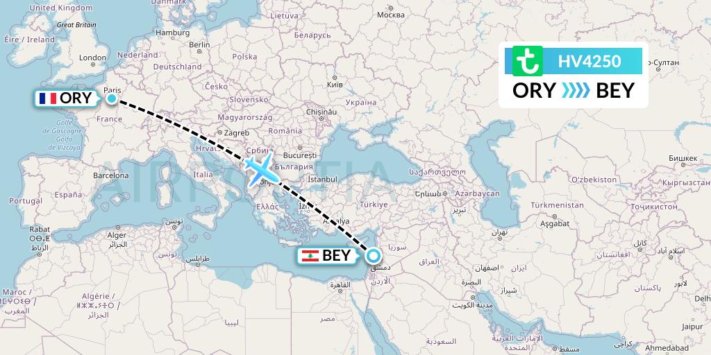 HV4250 Transavia Flight Map: Paris to Beirut