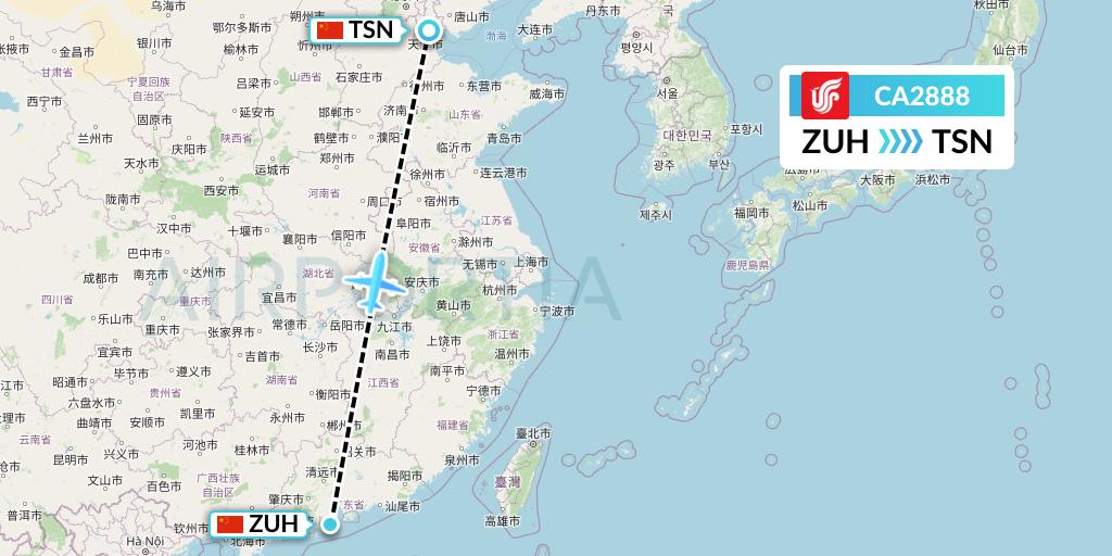 CA2888 Air China Flight Map: Zhuhai to Tianjin