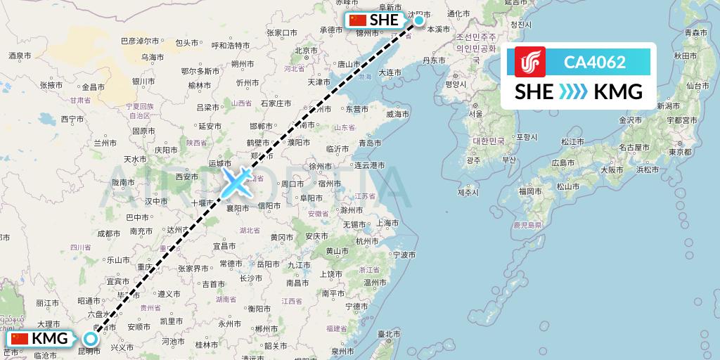 CA4062 Air China Flight Map: Shenyang to Kunming