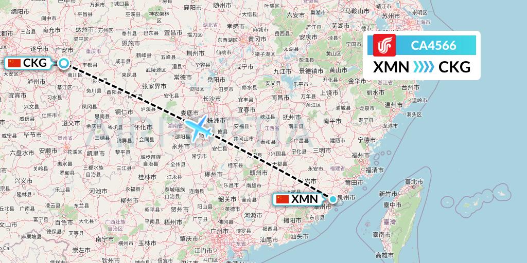 CA4566 Air China Flight Map: Xiamen to Chongqing