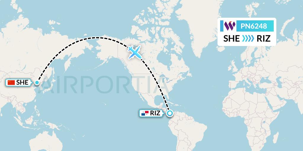 PN6248 China West Air Flight Map: Shenyang to Rio Alzucar
