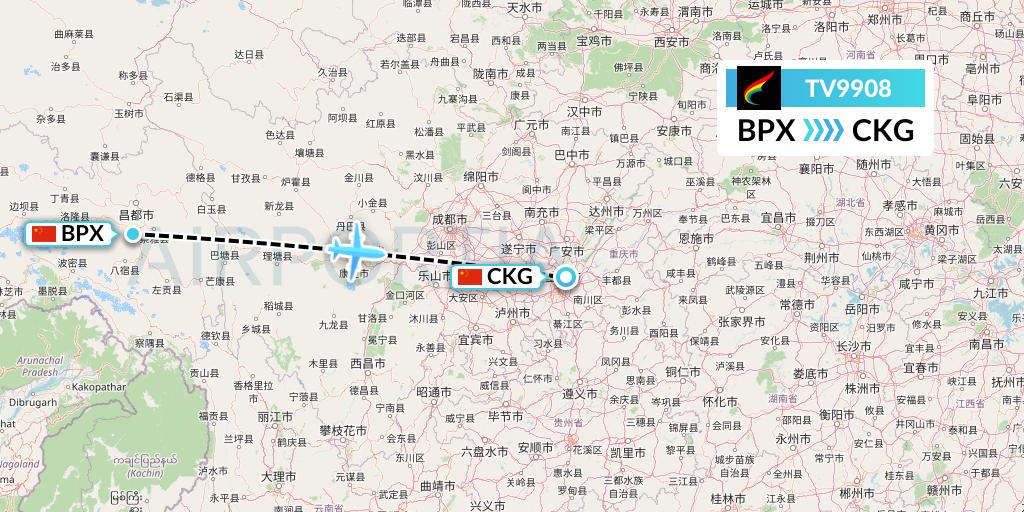 TV9908 Tibet Airlines Flight Map: Bangda to Chongqing