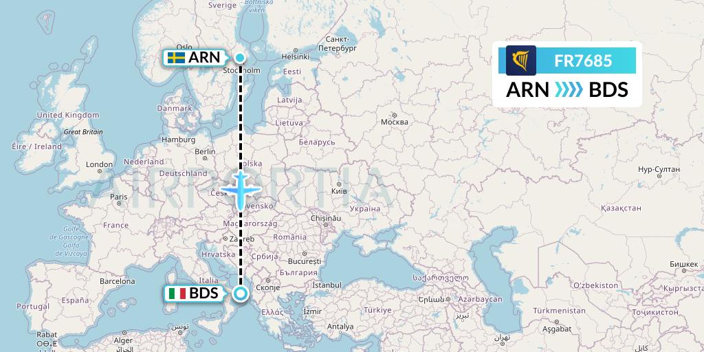 FR7685 Ryanair Flight Map: Stockholm to Brindisi